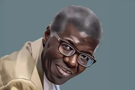 Portrait de Souleymane Bachir Diagne en peinture digitale, sur un fond vert sauge..