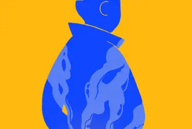 Dessin représentant la silhouette d'une femme,  une ville en feu est représentée dans son dos. La couleur de la silhouette et du fond de l'image sont celles du drapeau de l'Ukraine : jaune et bleu.