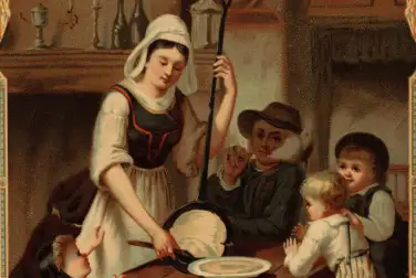 Illustration d'une femme en costume traditionnel prépare des crêpes pour sa famille