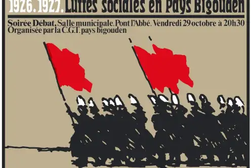 une affiche montrant le dessin de femme bigoudenne défilant avec des drapeaux rouge