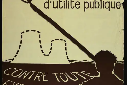 Affiche contrale le projet de centrale nucélaire au pellerin en Loire atlantique. L'ombre d'un paysan avec sa fourche devant le dessin des cheminées d'une centrale nucléaire