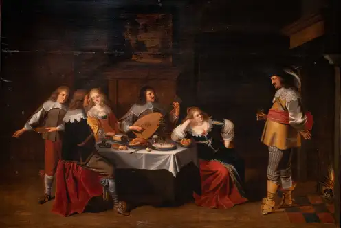 Peinture à l'huile style flamande : sur une table drapée d'une nappe blanche sont accoudés des personnes. L'une tient une lyre.