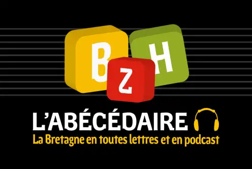 Logo L'Abécédaire de Bécédia : la Bretagne en toutes lettres et en podcast (couleurs noires, rouge, vert, jaune, et casque audio)