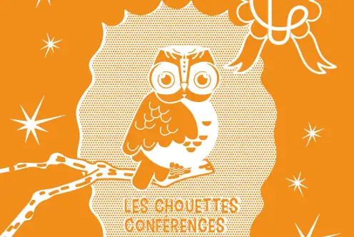 Sur un fond orange, une pastille avec le logo des Champs Libres, des étoiles blanches, et une chouette en flat design posée sur une branche.