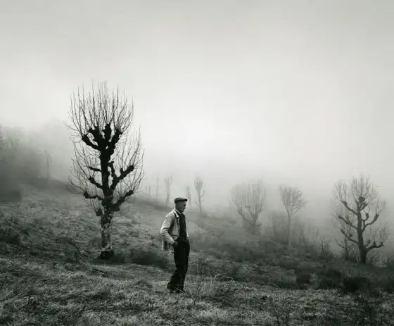 Photo en noir et blanc. Le tiers inférieur de l'image est découpé en biais, et couvert d'une végétation rase parsemée de quelques arbres sans feuilles. Les 2 tiers restants sont composés d'un ciel gris uniforme. Au centre, un homme se tient, cheveux blancs, vêtent d'une salopette, une chemise blanche et d'une gapette. L'effet de solitude est renforcé par les arbres noirs qui l'encadrent.