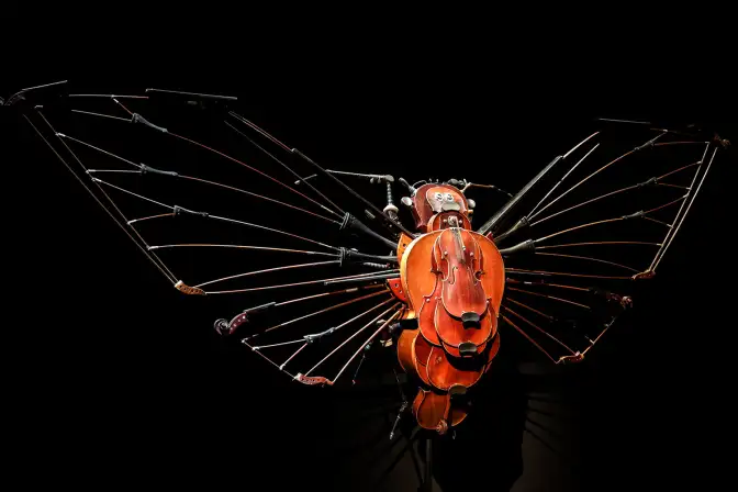 Une photographie d'une oeuvre d'Anima(ex)Musica. Des morceaux de violons ont été assemblés pour former une sculpture ressemblant à un megapomponia.