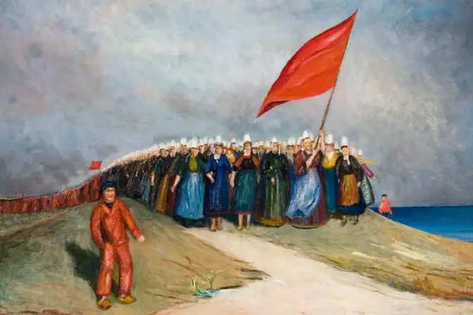 tableau avec une manifestation de femmes portant un drapeau rouge en bord de mer