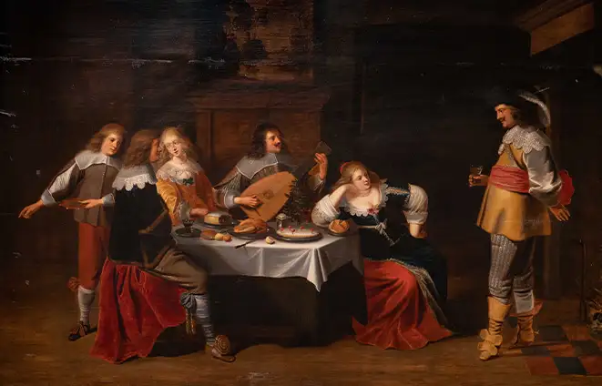 Peinture à la flamande : scène de buffet et chants au 17è.