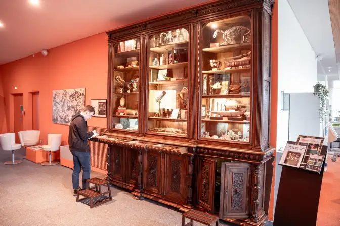 Photo où l'on voit un cabinet de curiosité de loin avec une personne devant