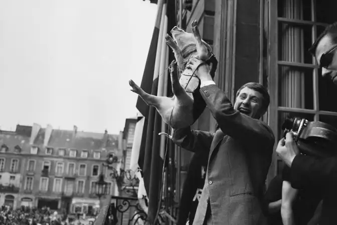 Daniel Rodighiero, au balcon de l'Hôtel de ville de Rennes, pour célébrer la victoire du Stade Rennais UC en Coupe de France. Il brandit « Rodrigue », le cochon mascotte de l'équipe.