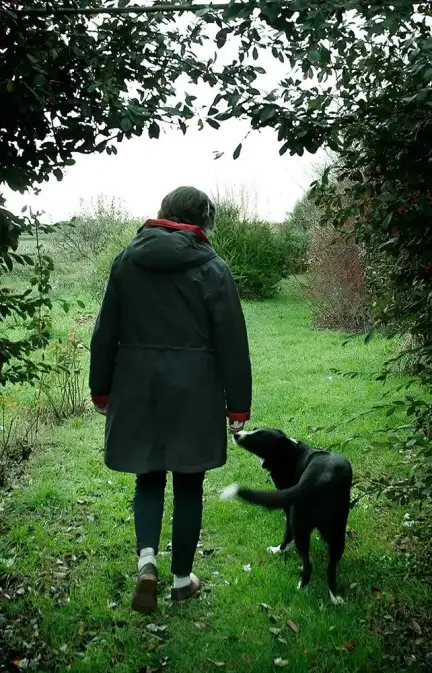 Photographie d'une femme de dos, dans la nature. Elle marche aux côtés d'un chien qui se tient près d'elle.