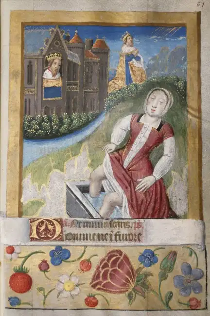 Une enluminure représentant en scène centrale Bethsabé relevant sa robe pour tremper ses jambes dans une auge. Au loin, à la fenêtre d'un château, le roi David regarde dans sa direction. En dessous de la scène sont représentées des fleurs et végétaux.