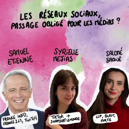 Une image aux couleurs de Nos futurs. Il est écrit : les réseaux sociaux, passage obligé pour les médias ?