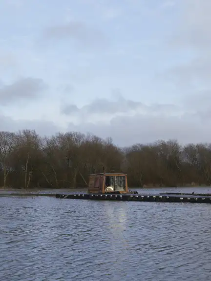 Sur l'eau se dresse une petite cabine en bois, qu'on suppose être un bateau. On y accède par un ponton en plastique flottant. Derrière, la forêt, et le ciel bleu parsemé de quelques nuages. la lumière est rasante mais pâle.