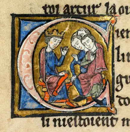 Enluminure ancienne représentant un homme couronné (le roi Arthur) s'adressant à trois autres hommes.