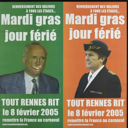 Affiche recto-verso satirique montrant le maire de Rennes (Edmond Hervé) et la préfète de la région Bretagne (Bernadette Malgorne) caricaturés par un sourire disproportionné rajouté par retouche informatique. Cette affiche traduit la rivalité qui oppose Bernadette Malgorn et Edmond Hervé, une rivalité qui s'étend jusqu'à leur absence de sourire. Toutes les affiches de carnaval éditées par les Ateliers du Vent étaient conçues avec un visuel différent sur leur recto comme sur leur verso.