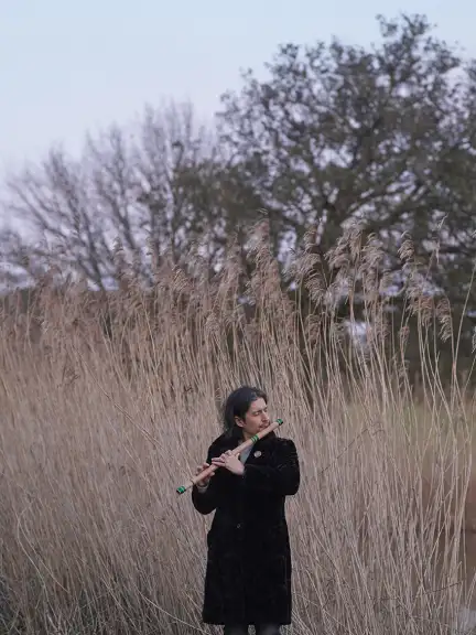 Devant un champs d'herbes folles grillées, dans le tier inférieur de la photographie, un homme aux cheveux brun longs, parsemés de cheveux blancs, les yeux fermés de concentration, joue une sorte de flute en bois sans bec, avec des lignes vertes foncées. Ses doigts portent tous les même symbole simple tatoué. Son manteau est noir et rappelle les arbres présents en fond.