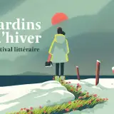 affiche du festival littéraire jardin d'hiver. L'illustration représente une femme de dos tenant dans la main un livre dans un paysage enneigé. Elle contemple le mer et le soleil.