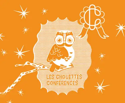 Une illustration sur fond orange d'une chouette sur une branche, avec le logo des Champs Libres et l'inscription "les chouettes conférences".