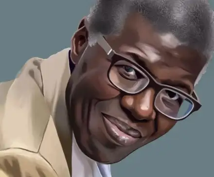 Illustration d'après photographie de Souleymane Bachir Diagne. Réalisée numériquement, l'illustration représente le philosophe de profil, la tête tournée vers l'objectif. Il porte des lunettes, les cheveux poivre et sel et une chemise beige.