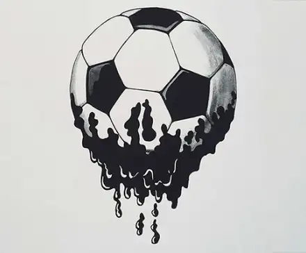 Une illustration d'un ballon de football dessiné, duquel coule du pétrole.