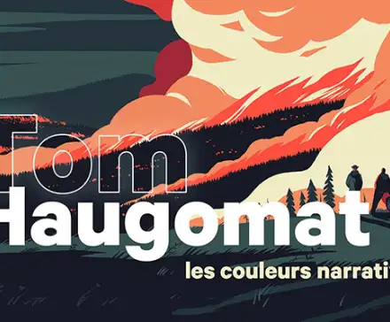 Une illustration de Tom Haugomat, tout en aplat de couleurs, représentant un paysage qui s'enflamme.