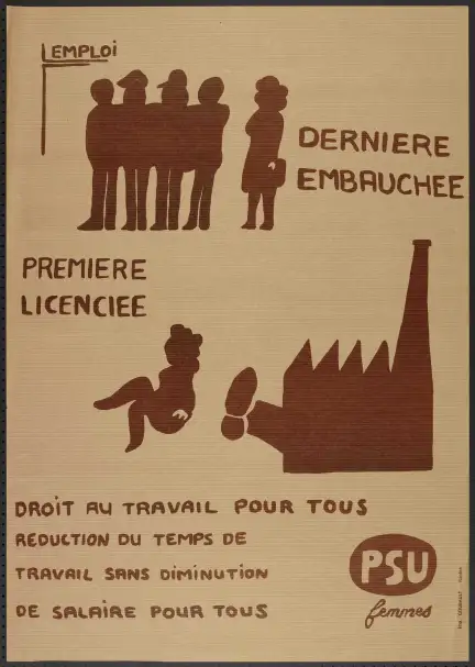 Une femme faisant la queue derrière quatre hommes pour obtenir un emploi. En dessous une usine stylisée d'où sort un pied poussant la même femme dehors.